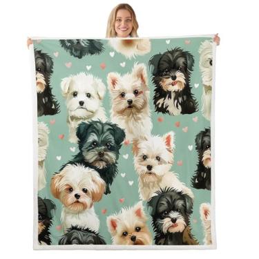 Imagem de Manfei Cobertor Kawaii para cães, crianças, Shih Tzu Westie, cobertor de cama para amantes de cães, decoração de sofá de cachorro adorável para meninas, meninos, verde, branco, preto, preto, tamanho