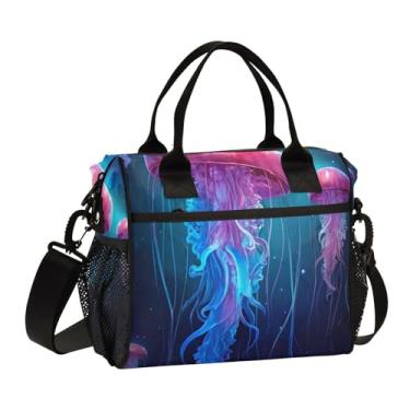 Imagem de GAIGEO Lancheira água-viva azul no oceano com luzes de néon com zíper, lancheira reutilizável para mulheres, lancheira de escritório, M