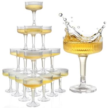 Imagem de Goodluck Torre de champanhe de 4 camadas - 20 peças de taças de champanhe de plástico transparente de 200 ml, formato de borboleta com listras verticais para casamentos, celebrações, festas e