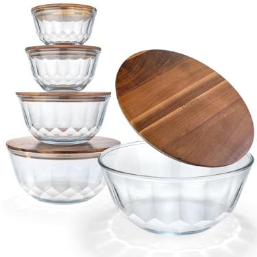 Imagem de dokaworld Conjunto grande empilhável de 5 tigelas de vidro com tampas de acácia para preparação de alimentos, armazenamento, cozimento, mistura e cozimento de massa fermentada. Vidro borossilicato