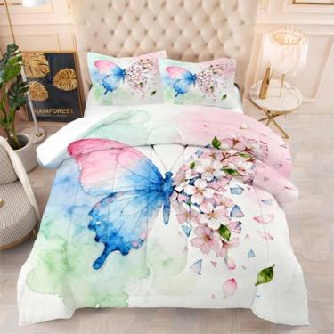 Imagem de CCoutueChen Conjunto de edredom Queen de borboleta, azul, rosa, verde, tie dye, borboletas, flores de cerejeira, floral, com 2 fronhas, microfibra supermacia para todas as estações