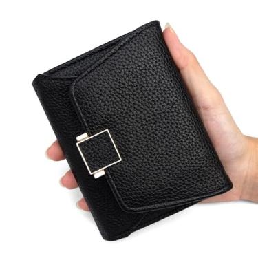 Imagem de Carteira feminina de couro genuíno com dobra dupla/tripla - Suporte minimalista para cartão de crédito com bloqueio de RFID e bolso para moedas, Preto, Casual