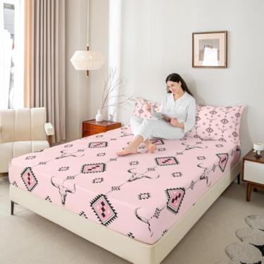 Imagem de Jogo de lençol casal com geometria tribal étnica nativa de fazenda ocidental, 3 peças (sem lençol de cima), rosa vaqueira para adultos, lençol com bolso profundo asteca tribal do sudoeste para