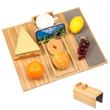 Imagem de Mesa de apoio de braço de sofá de bambu, bandejas grandes 3 em 1, fácil de armazenar e limpar, bandeja de suporte de copo de sofá, para sofá, lanches, controle remoto