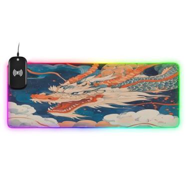 Imagem de CEBUGI Mouse pad de carregamento sem fio de dragão de desenho animado 15 W rápido para jogos com 14 iluminação LED RGB para jogos, PC, laptop, mesa 90,9 x 39,9 cm