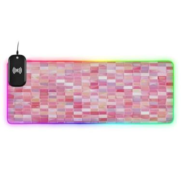 Imagem de CEBUGI Mouse pad de carregamento sem fio padrão xadrez 15W mouse pad rápido para jogos com 14 iluminação LED RGB para jogos, PC, laptop, mesa 80 x 30 cm