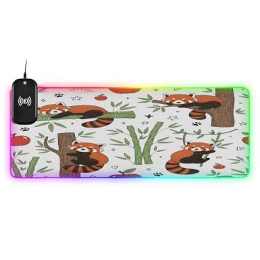 Imagem de CEBUGI Mouse pad de carregamento sem fio Pandas vermelho fofo 15 W rápido para jogos com 14 iluminação LED RGB para jogos, PC, laptop, mesa 90,9 x 39,9 cm