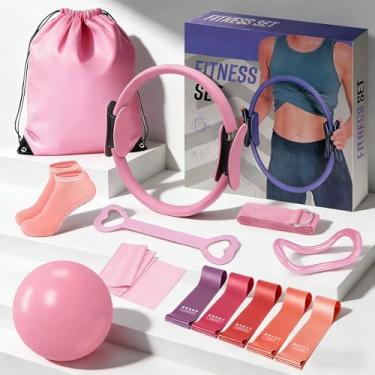 Imagem de SUOOCH Conjunto de anéis de Pilates para mulheres, conjunto de equipamentos de pilates, kit de pilates para exercícios domésticos com faixas de resistência, círculo mágico de 35,5 cm, mini bola