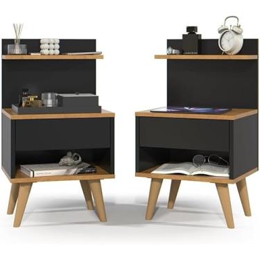 Imagem de Kit 2 Mesa de Cabeceira para Quarto Retrô Apoio de Cama Mesinha (KIT 2 SLEEP - CINZA/NATURE)