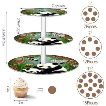 Imagem de Urso panda floresta verde 3 camadas suporte de cupcake chá festa acrílico copo torre de bolo suporte de bolo para festa bandeja de sobremesa barra de formatura