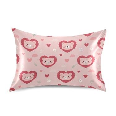 Imagem de Wassud Fronha de cetim para cabelo e pele com ursos corações, ursos e corações, para cabelo e pele, capas de almofada respiráveis tamanho queen com fecho de envelope