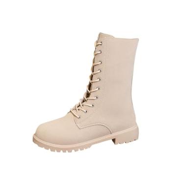 Imagem de Botas de camurça até o meio da panturrilha com bico redondo e salto médio para mulheres, uso diário casual, Caqui, 36