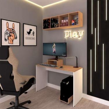 Imagem de Escrivaninha com Nicho e 2 Suportes Buzy Carvalho Mel e Branca - Bramo