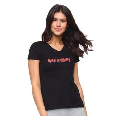 Imagem de Baby Look feminina preta gola V manga curta banda Iron Maiden, GG, Pre