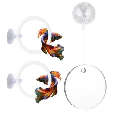 Imagem de Fukaisu Conjunto de Acessórios para Aquário Peixe Betta, Inclui 1 Espelho com Bola Flutuante 2 Anéis de Treino e Anel Alimentação Como Brinquedos Enriquecimento Ambiental para Aquário Peixe Betta