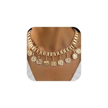 Imagem de INENIMARTJ Colar grosso de ouro para mulheres, boêmio, corrente grossa, disco circular, pingente de moeda, gargantilha étnica, delicada, colar de ouro, joia para mulheres, Large, Ferro, Sem Pedra
