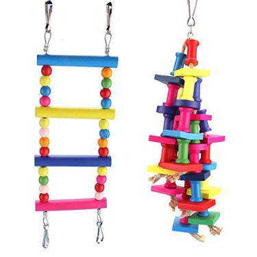 Imagem de CUOFYUNL 2 peças de bloco de madeira para pendurar pássaros, atividade de escalada, mastigar, suporte de balanço, gaiola, brinquedos de parede para papagaio