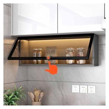 Imagem de Armário de armazenamento montado na parede, armário de exibição de cozinha de madeira maciça com portas de vidro, design pequeno flip-up, acabamento branco, 60 x 20 x 30 cm (23,6 x 7,9 x 11,8 pol.)