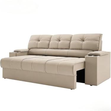 Imagem de Sofá Reclinável 2,05m com Porta-Copos Retrátil - Tecido Velosuede, Tom Claro, Ideal para Sala de Estar e Espaços de Conforto Doméstico (Bege)