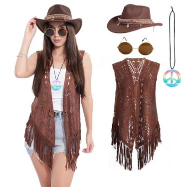 Imagem de Leadtex Colete feminino hippie com franjas dos anos 60 e 70 para mulheres, fantasia hippie de discoteca, jaqueta de franja de camurça sintética para festa discoteca, Marrom, Tamanho Único