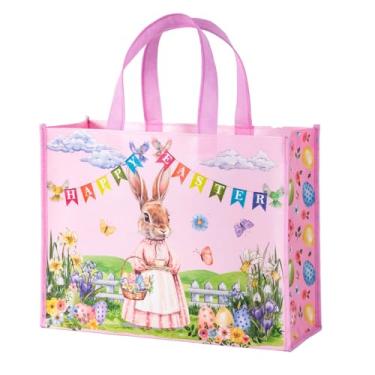 Imagem de WRAPAHOLIC Saco grande reutilizável de presente de Páscoa de 33 cm com alças - Sacos de presente de ovos de coelho rosa para Páscoa feliz, chá de bebê, aniversário de crianças e primavera