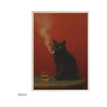 Imagem de Pôster Vintage De Gato Preto Fumando Cigarro, Arte Retro, Decoração De
