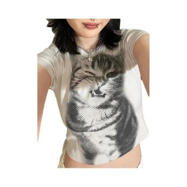 Imagem de Camiseta Cropped Feminina Harajuku Com Estampa Animal Branca De Manga 
