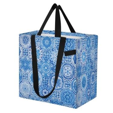 Imagem de SEHANY Sacolas de compras reutilizáveis de porcelana azul e branca com alças reforçadas, bolsa de compras de lona dobrável à prova d'água de grande capacidade para viagem, cozinha, praia