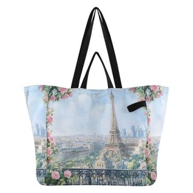 Imagem de SEHANY Sacola de compras reutilizável da Torre Eiffel de Paris com alças reforçadas, bolsa de compras de lona dobrável à prova d'água de grande capacidade para viagem, cozinha, praia