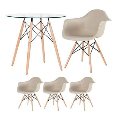 Imagem de Loft7, Kit Mesa Redonda de Vidro Eames 80 cm + 3 Cadeiras Eames Eiffel DAW, Polipropileno, Aço e Madeira, Escritório, Sala de Estar e Sala de Jantar - Nude