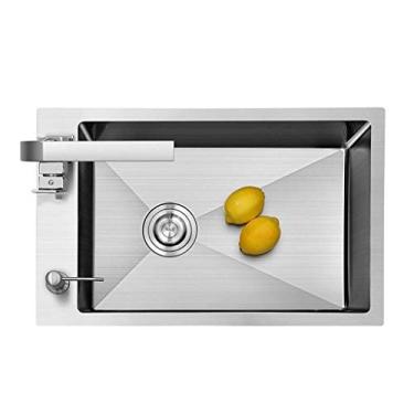 Imagem de HHHJQFAAT Pia, montagem superior suspensa ou montagem sobre um furo de deck único e tigela dupla pia de cozinha de aço inoxidável (cor: prata, tamanho: 45 38 22 cm)