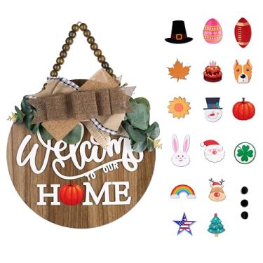 Imagem de CondorPasea Placa de Boas-Vindas 3D Intercambiável para Porta Da Frente, Decoração de Varanda de Casa/Fazenda Placa de Madeira para Pendurar com Folhas Artificiais e Contas Rústica (Diâmetro: 12 Pol.)