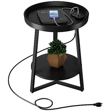 Imagem de Gadroad Mesa de canto redonda com estação de carregamento, portas USB e cerca antiqueda, mesa de madeira e moldura de metal preto, mesa lateral de 2 camadas para sala de estar, quarto, preta 40 x 40 x