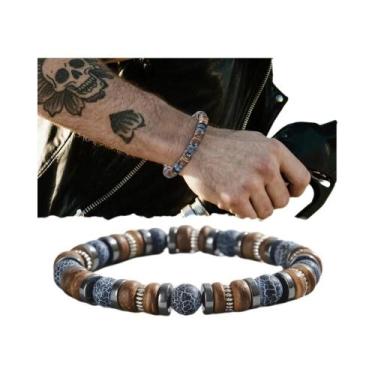 Imagem de Pulseira Masculina De Contas De Madeira Lava Com Hematita, Joia De Ped