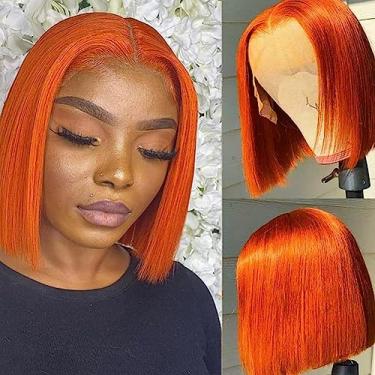 Imagem de Peruca bob reta curta laranja gengibre 33 x 10 x 1 para mulheres cabelo humano laranja gengibre 35,5 cm 150% densidade brasileiro virgem bob perucas de cabelo humano fechamento de renda perucas