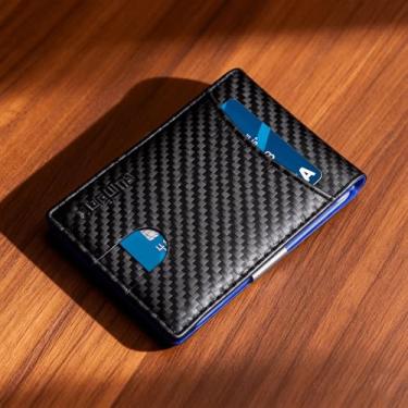 Imagem de Carteira masculina minimalista fina de couro legítimo dobrável com bloqueio de RFID, bolso frontal para uso diário, Azul, Minimalista