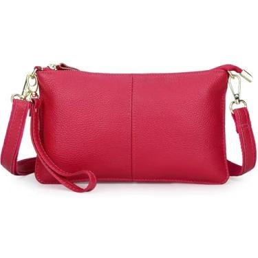 Imagem de AurexaFashion Bolsa tiracolo feminina de couro legítimo, bolsa de mão fina para cartão de crédito, bolsa clutch, Nº 05 Rosa Vermelha, Small 9.5" X 5.6" x 0.5", Bolsa tiracolo de couro genuíno carteira