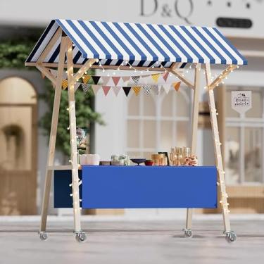 Imagem de Carrinho de comida móvel com dossel para sorvete e lanches, barraca dobrável de carrinho de mão, quiosque de cachorro-quente de madeira, suporte de frutas e flores de 150 cm de largura, exibição de