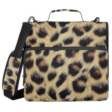 Imagem de SEHANY Fichário de zíper com estampa de leopardo com alça de ombro, capacidade para 500 folhas, vários bolsos, fichário com 3 anéis com zíper de 3 cm