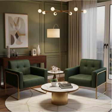 Imagem de Poltrona Sala Decorativa Kit 2 Elisa Base Tubular Alta Dourada Sintético PU Verde D03 - D'Rossi