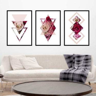 Imagem de Kit 3 Quadros Decorativos Geométrico Rosas