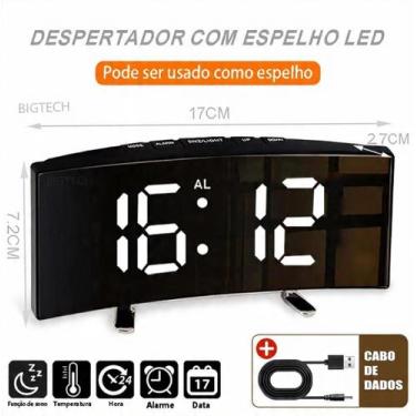 Imagem de Despertador Digital Curvo com Espelho LED, Temperatura e Ala - Tudo em