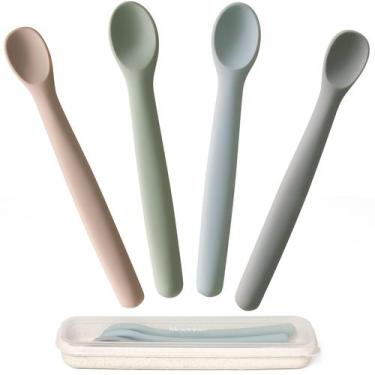 Imagem de Conjunto de 4 colheres de silicone para bebê Moonkie com estojo dobráv
