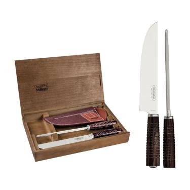 Imagem de Jogo para Churrasco Aço Inox com Faca Chaira Bainha de Couro e Estojo de Madeira Polywood Castanho Tramontina