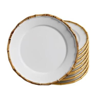 Imagem de Jogo 8 Prato Raso de Cerâmica Branco Borda de Bambu Grossa 27cm Flat S