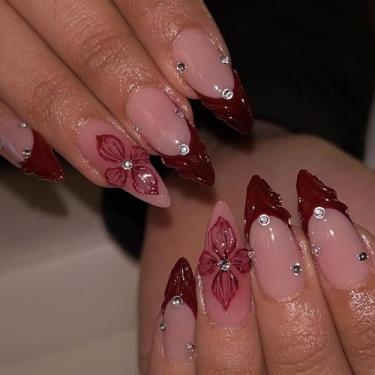 Imagem de Kit de unhas postiças LPOODDNU formato amêndoa vermelho com flor, 24 p