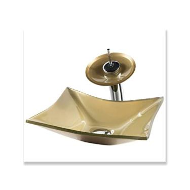 Imagem de Cuba de Vidro 39cm + Torneira Cascata + Valvula -Kit Dourado