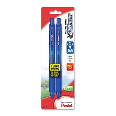 Imagem de Pentel Caneta de gel líquido retrátil EnerGel-X 0,7 mm, ponta de metal, média, tinta azul (pacote com 2) (BL107BP2C)