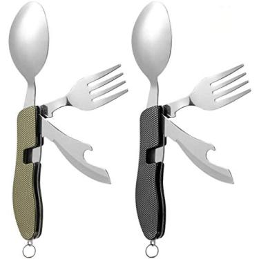 Imagem de Conjunto de talheres de aço inoxidável 4 em 1 da Caudblor, 2 peças, removível, utensílios de viagem, garfo de faca dobrável, abridor de garrafa, talheres de alimentação multifuncional (verde preto)