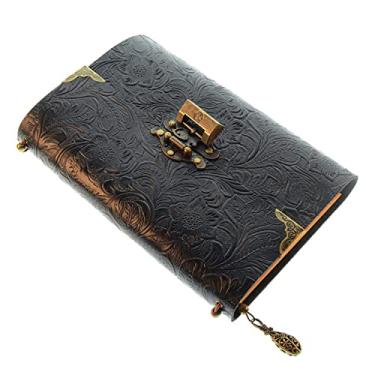 Imagem de Caderno de viagem de couro macio com padrão em relevo com chave de bloqueio, bloco de notas, escrita de esboço de negócios, preto